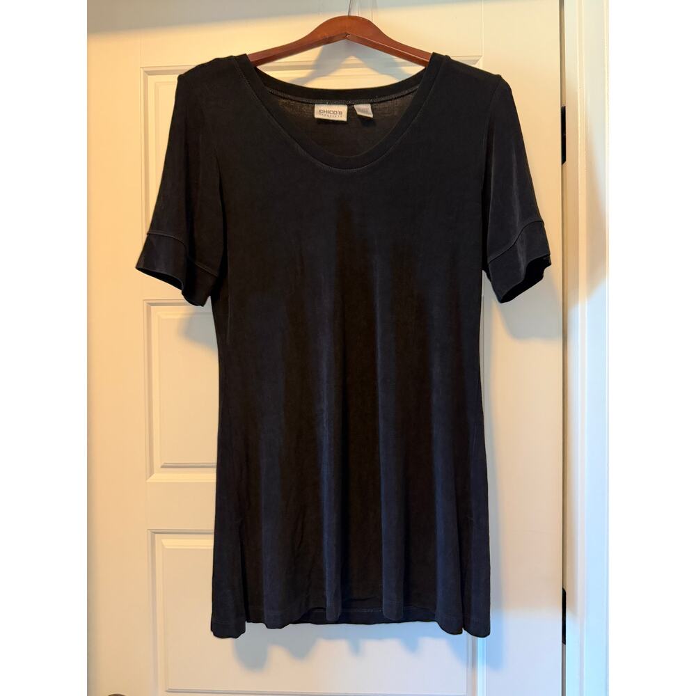 Chico's Travelers Black V-Neck Long Tee, Women's Size 1 - Picture 2 of 8